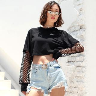 Áo Croptop Tay Dài Phối Lưới Hoạ Tiết In Thiết Kế Đơn Giản Hợp Thời Trang