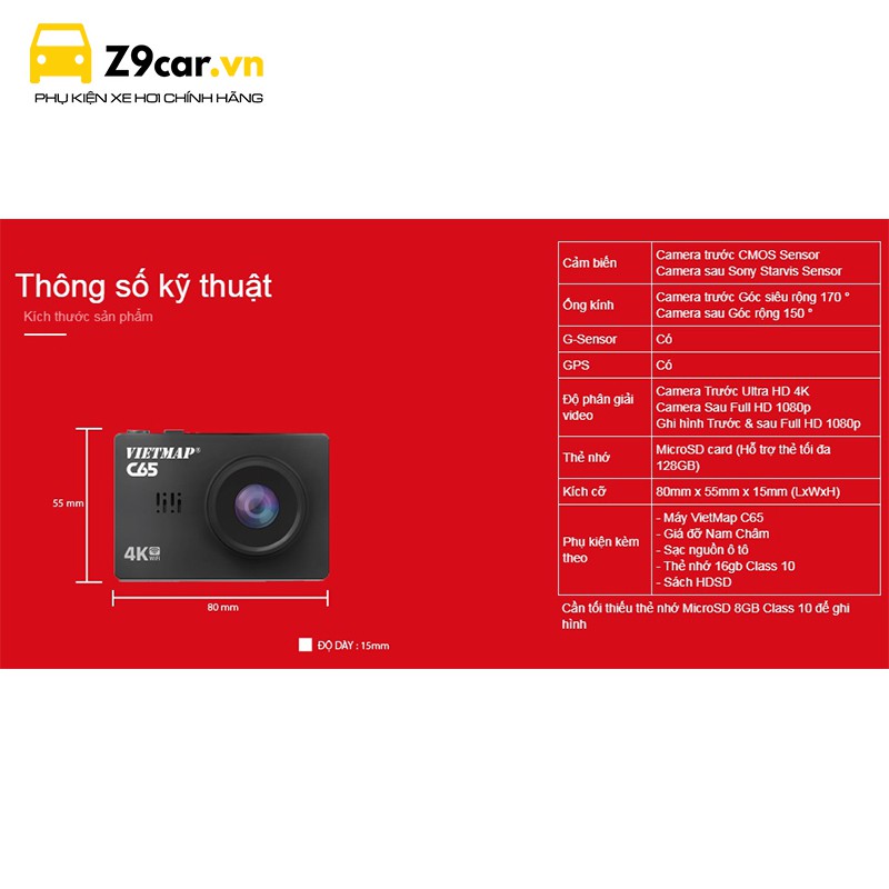 Camera hành trình Vietmap C65 UHD 4K ghi hình trước sau - Tặng kèm thẻ nhớ 32gb