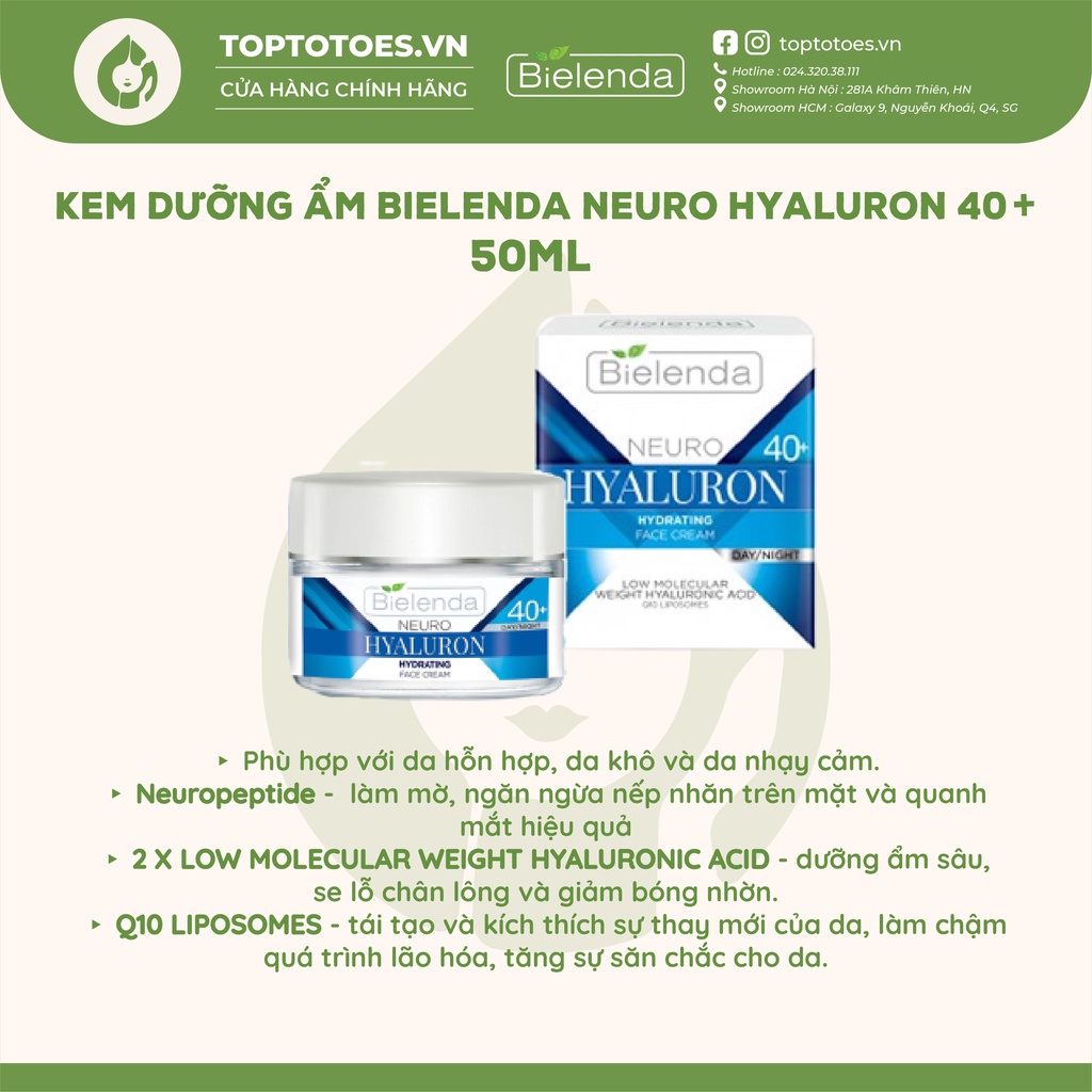 Kem dưỡng ẩm Bielenda Neuro Hyaluron Moisturizing Anti Wrinkle Cream Concentrate 40+ Day Night dưỡng ẩm và trẻ hóa da