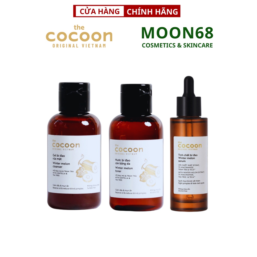 Bộ 3 chăm sóc da mụn: Gel rửa mặt bí đao 140ml + Toner bí đao 140ml + Tinh chất bí đao cocoon 70ml - Moon68