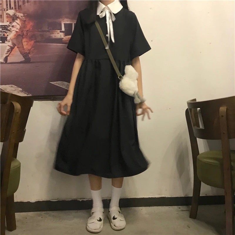 VÁY NỮ DÁNG DÀI CỘC TAY KÈM NƠ CÔ