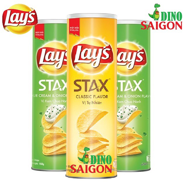 Combo 3 Hộp Bánh Snack Khoai Tây Lay's Stax Malaysia 160g gồm 2 vị Kem Chua Hành và 1 vị Tự nhiên