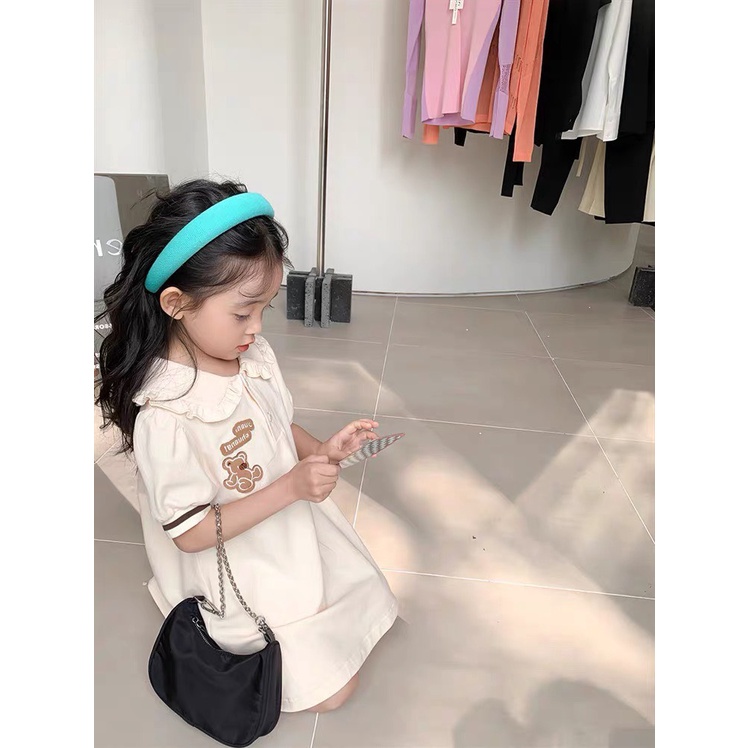 Váy cotton Cổ bo dệt, gấu, cầu vồng, thỏ thêu xịn xò cho bé gái đi học tony media