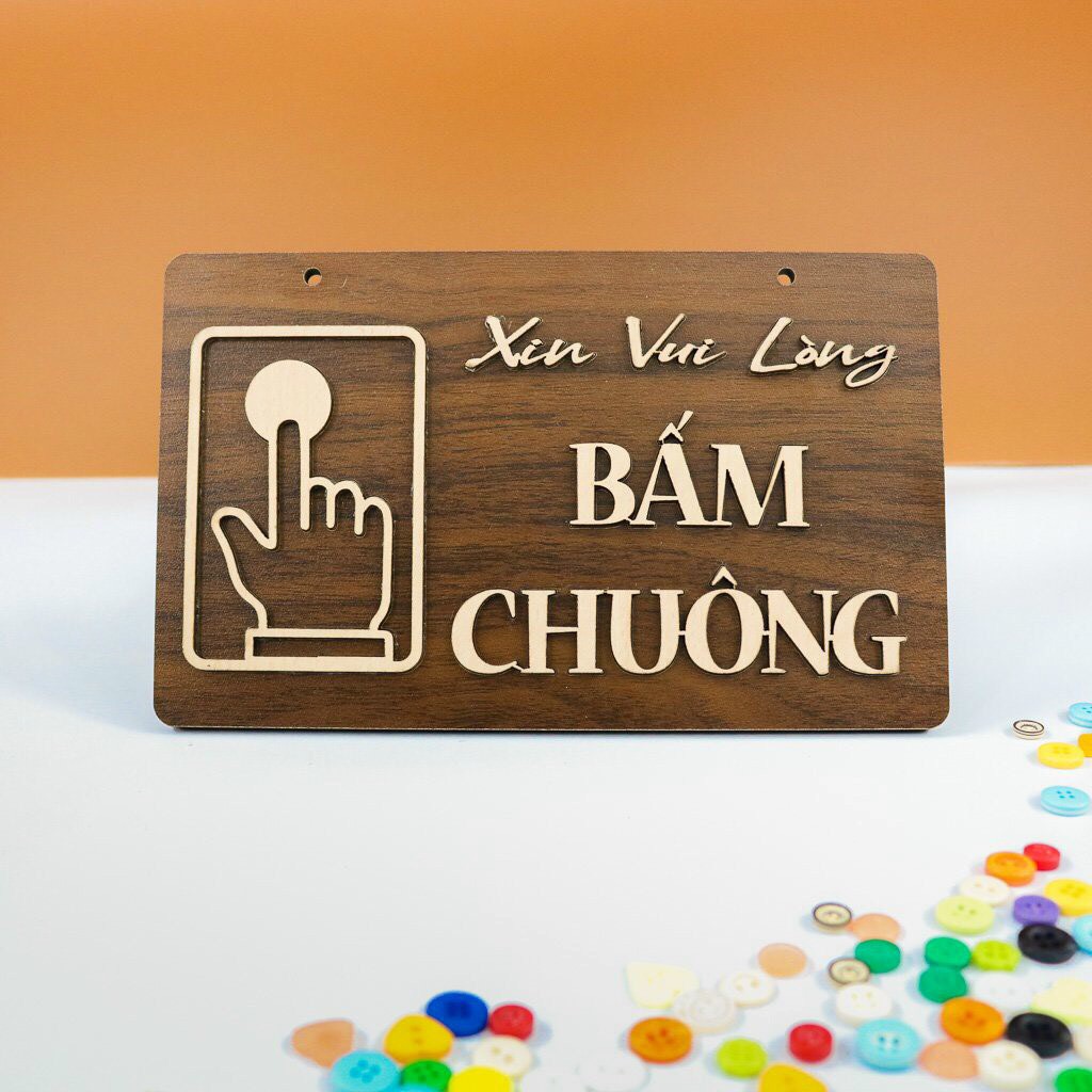 Biển bảng gỗ decor XIN VUI LÒNG BẤM CHUÔNG - trang trí gia đình - phòng ngủ - quán cafe( tặng kèm móc treo)