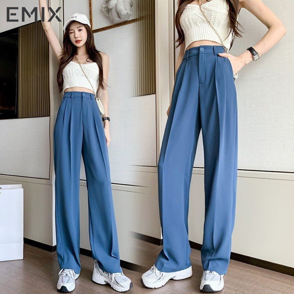 Quần suông nữ đi học suông dài EMIX (màu xanh), dáng rộng, dài 100cm, cạp cao, tôn dáng, chất tuyết mưa, mềm mại 3101