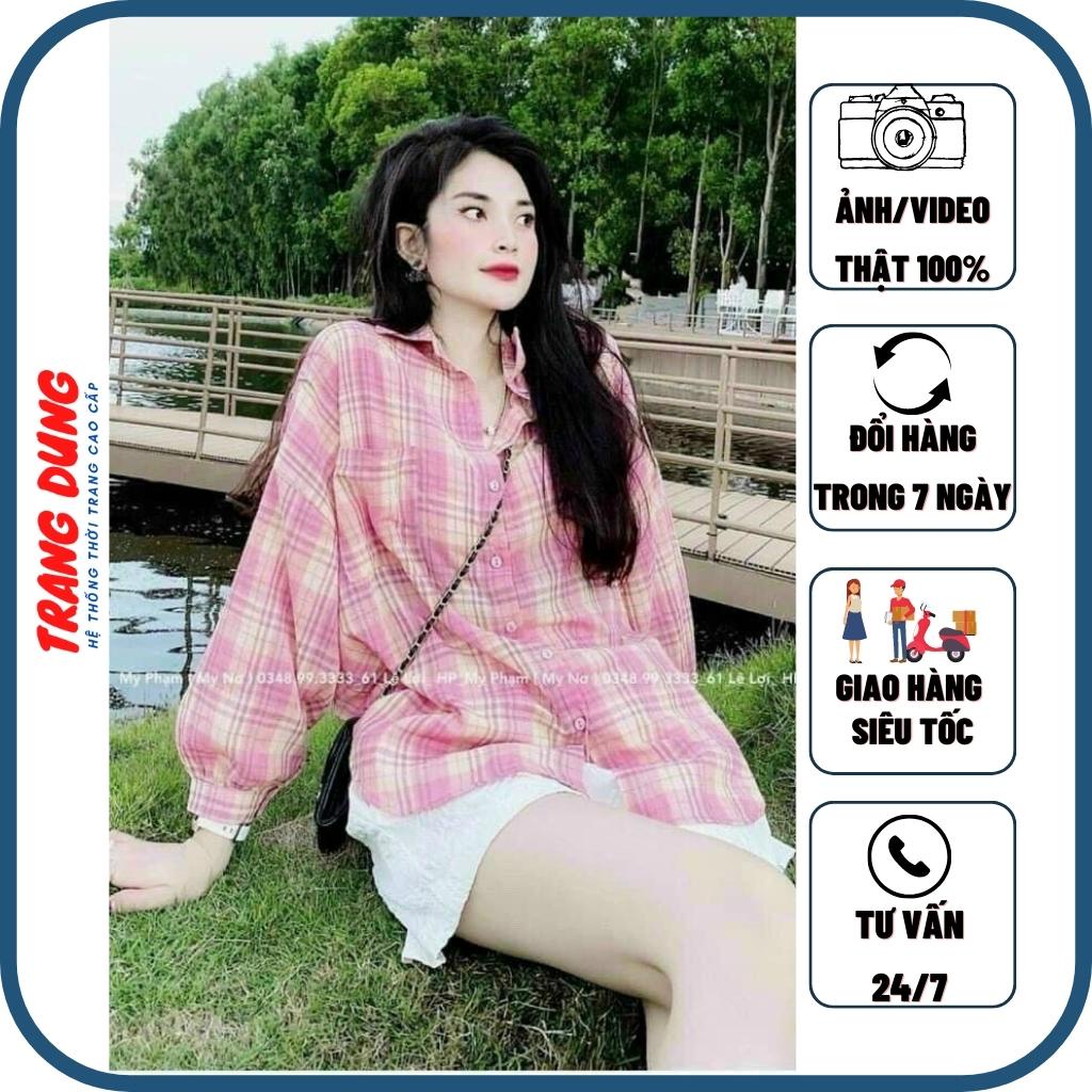 Áo Sơ mi nữ vải đũi form rộng kẻ sọc caro hồng thoáng mát - free size <52kg