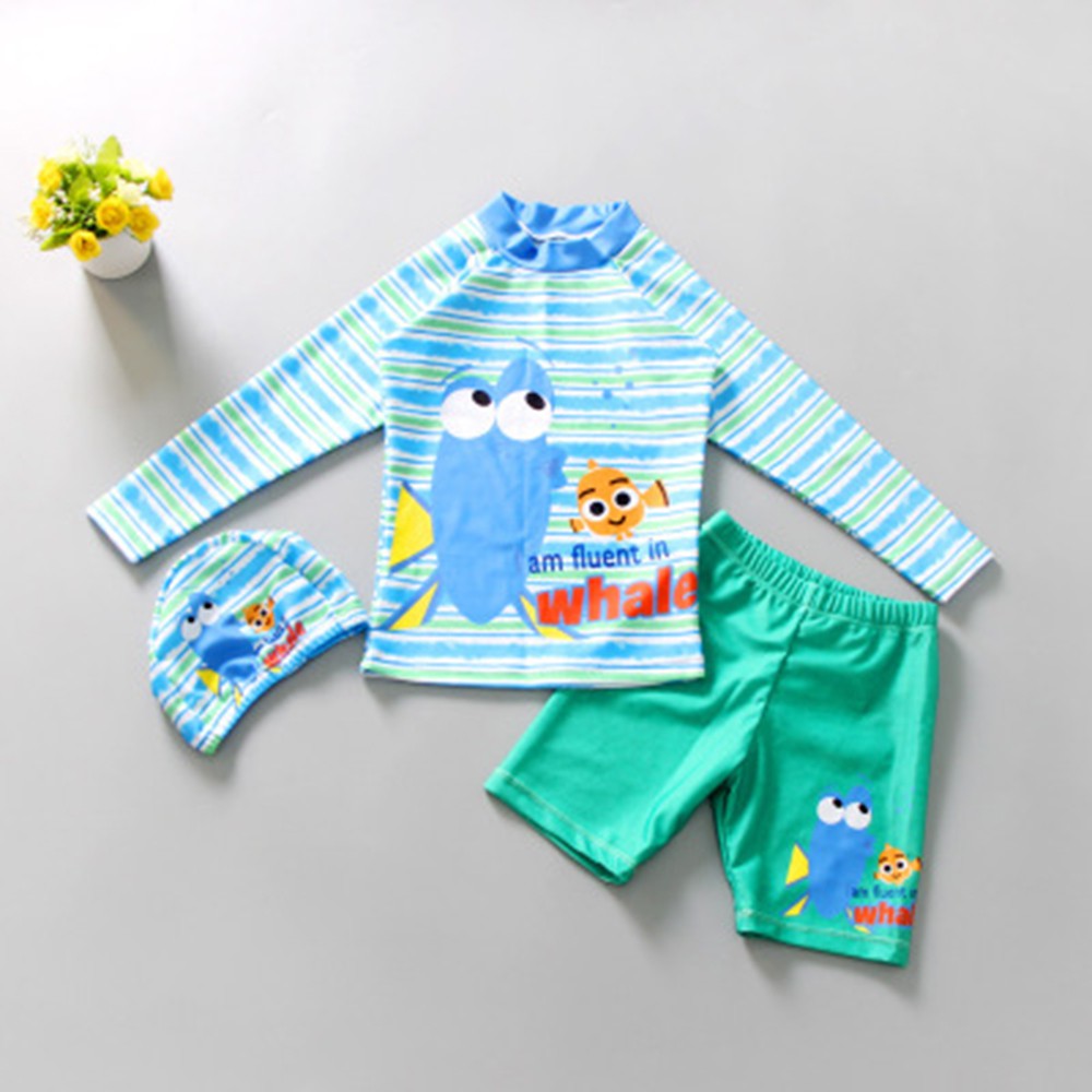 2-8 Yrs Kids Lovely Cartoon Animal 3pcs Swimsuit Suit Toddler Baby Boys Summer Long Sleeve Swimsuit + Swimcap