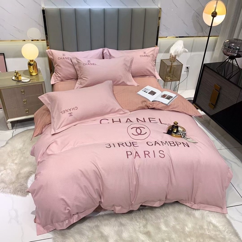 BỘ CHĂN GA LỤA SATEEN THƯƠNG HIỆU - BỘ LỤA THƯƠNG HIỆU CHANEL HỒNG , lụa100s CAO CẤP ❤️