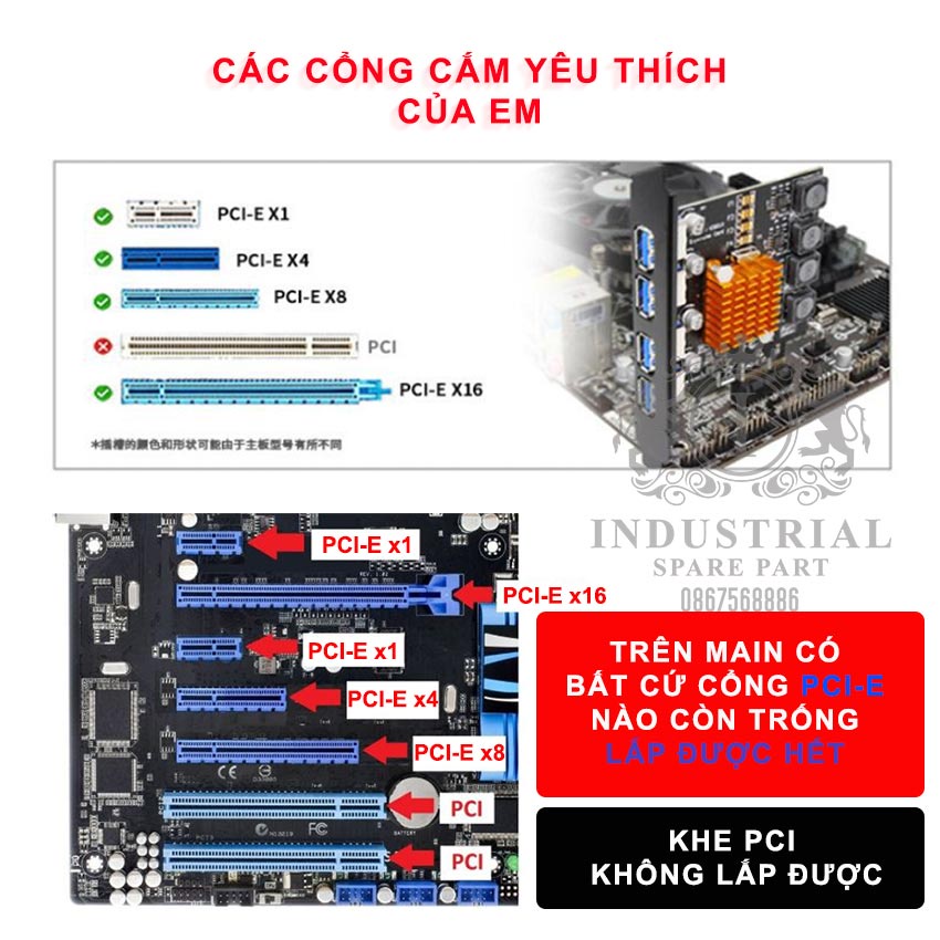 Card chuyển đổi PCI-E sang USB 3.0 (7 cổng). PCI-E to USB cho máy trạm Workstation và máy chủ. Hàng chính hãng nhập khẩu