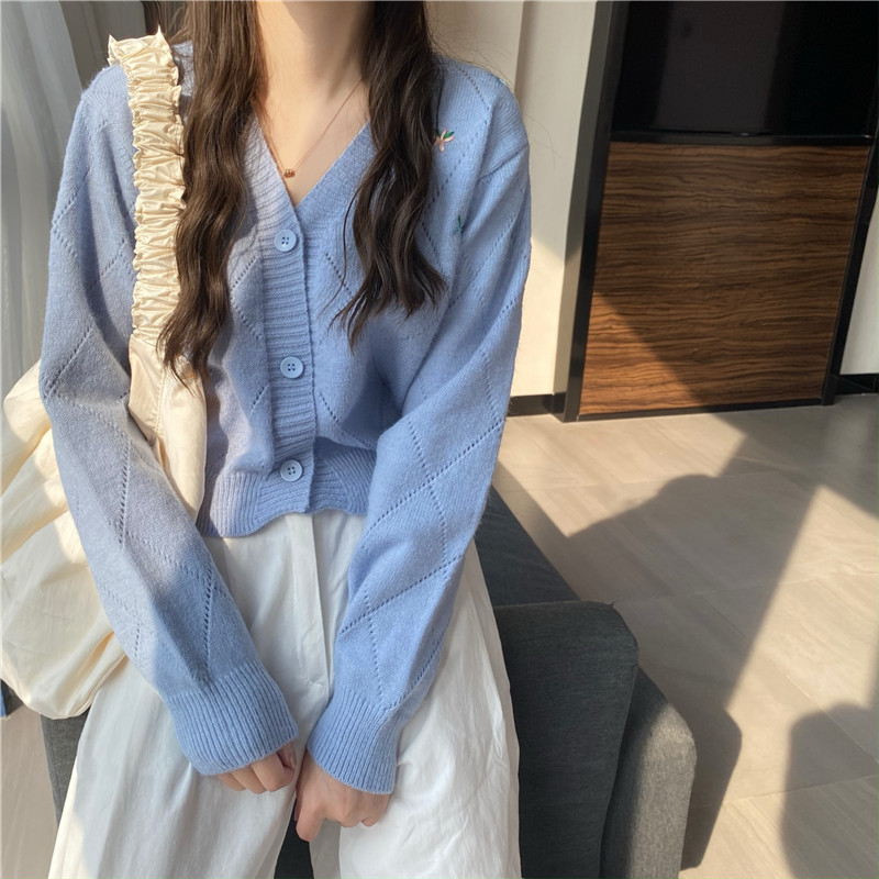 Áo Khoác Cardigan Dệt Kim Tay Dài Cổ Chữ V Thêu Họa Tiết Thời Trang 41214