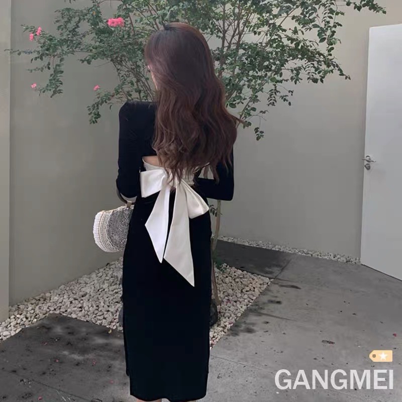 ORDER🖤Váy dự tiệc nhung dài cổ vuông ôm body xẻ đùi hở lưng thắt nơ xinh xắn|Đầm tiểu thư dạo phố có big size S-2XL | BigBuy360 - bigbuy360.vn