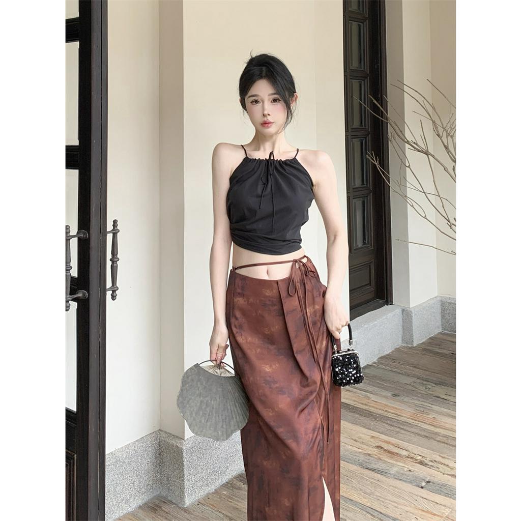 Set Áo Hai Dây + Chân Váy Lưng Cao Màu Đen / Màu Nhuộm Phong Cách Hàn Quốc Thời Trang Quyến Rũ Cho Nữ