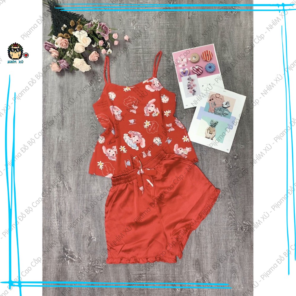 Đồ Bộ Ngủ Pijama Mặc Nhà Áo 2 Dây Quần Đùi Vải Satin Cao Cấp Logo Thỏ | BigBuy360 - bigbuy360.vn