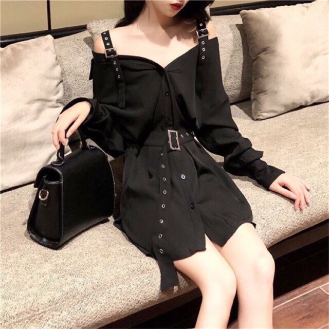 [Sẵn L] Váy trễ vai kèm thắt lưng ulzzang | BigBuy360 - bigbuy360.vn