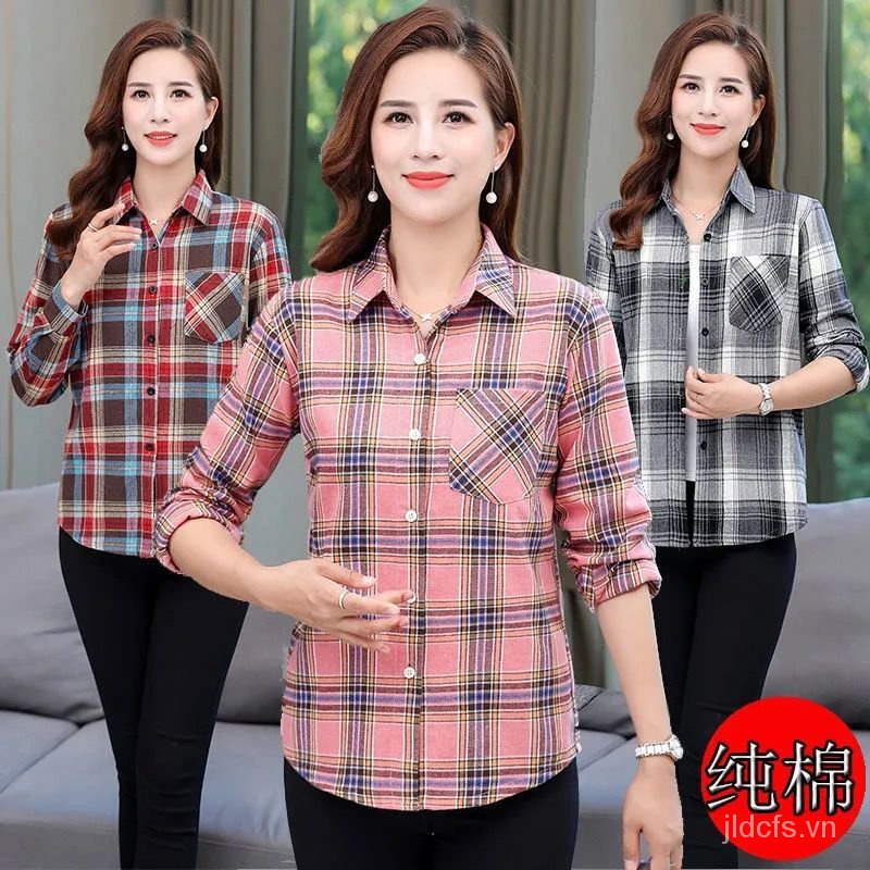 Áo sơ mi cotton tay dài kẻ sọc caro thời trang phong cách mùa thu dành cho phụ nữ trung niên