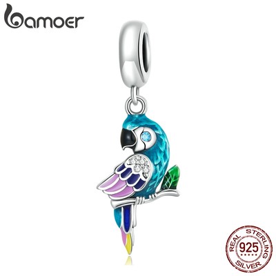 Mặt dây chuyền BAMOER bằng bạc 925 hình chú vẹt nhiều màu sắc độc đáo