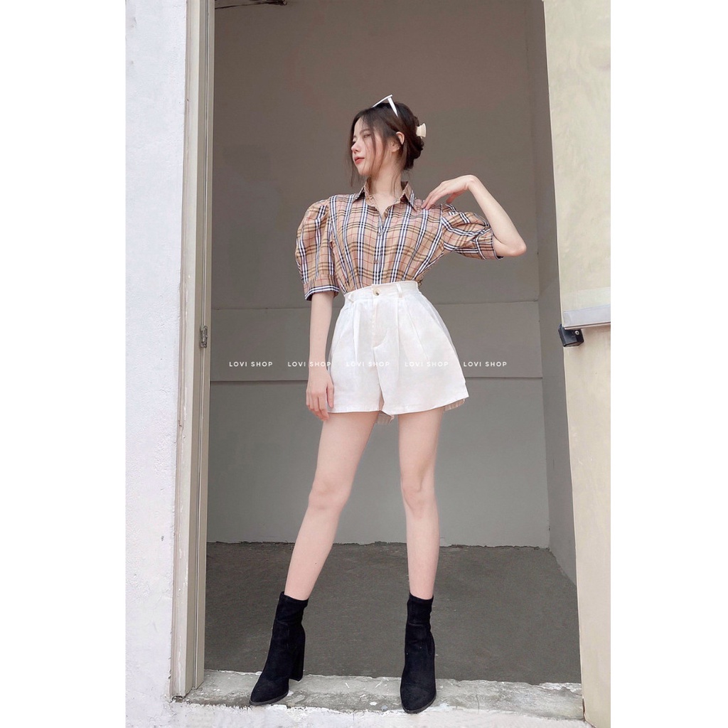 Áo sơ mi sọc tay phồng ngắn họa tiết LOVI