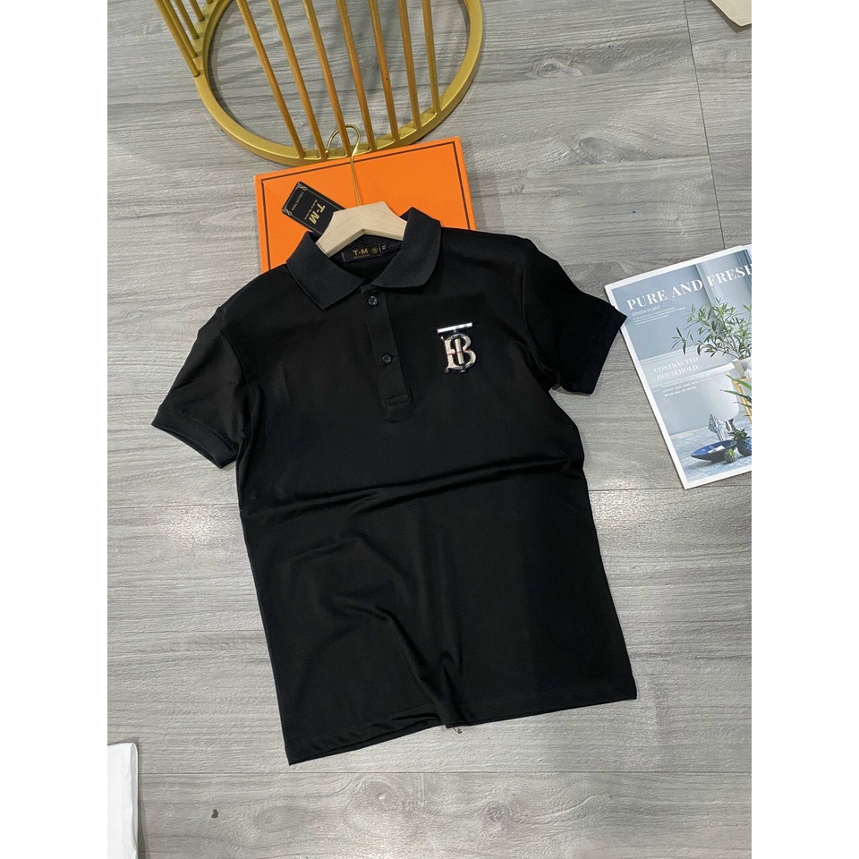 Áo thun nam tay ngắn cổ trụ vải cotton thiết kế logo BT thêu Basicc