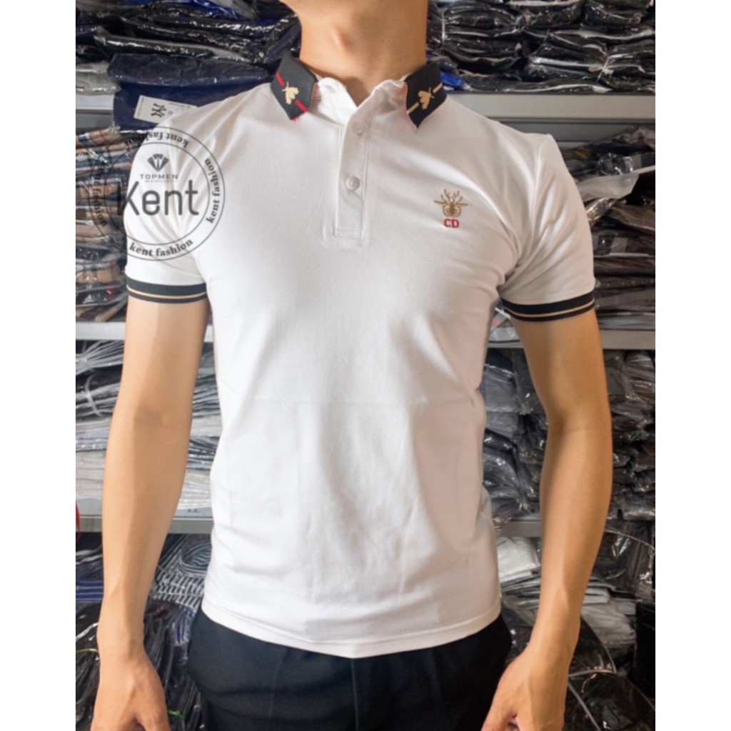Áo Thun Nam Polo Có Cổ Tay Ngắn Phối Họa Tiết, Vải Cotton Cao Cấp