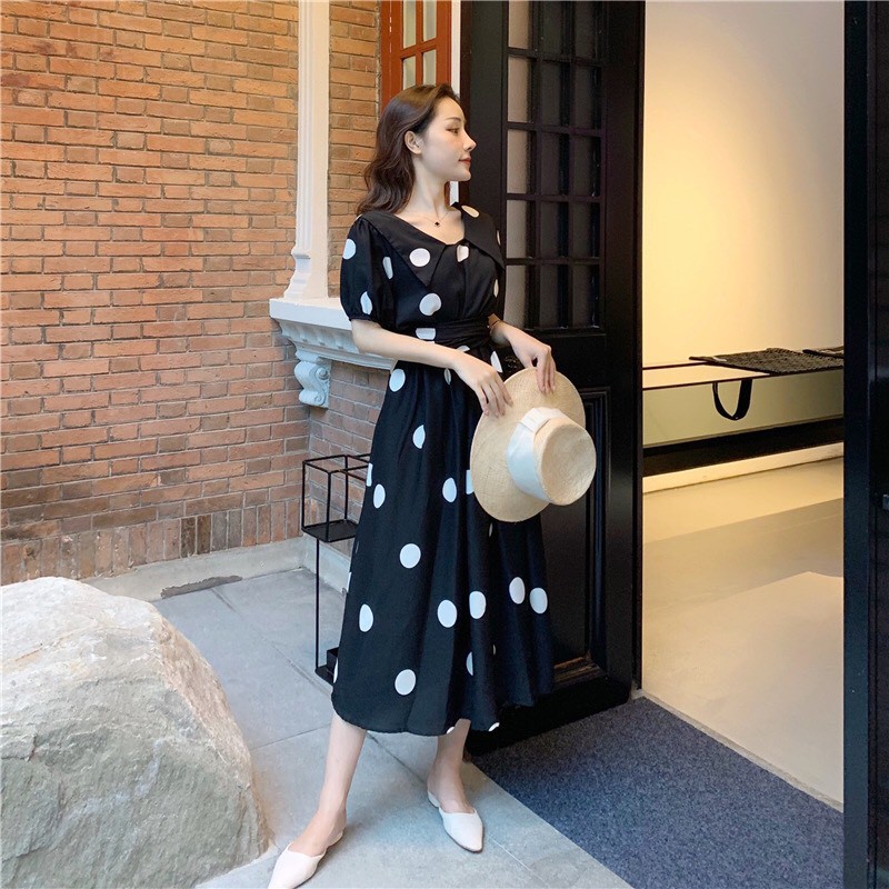 Váy Tiểu Thư Chấm Bi Dáng Dài Nơ Buộc Eo Xinh Xắn | BigBuy360 - bigbuy360.vn