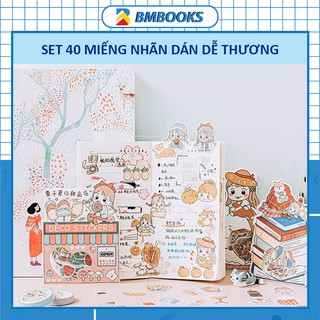 Sticker cute trong suốt dán sổ Happy Life set 40 miếng dán hoạt hình trang trí dễ thương BMBooks