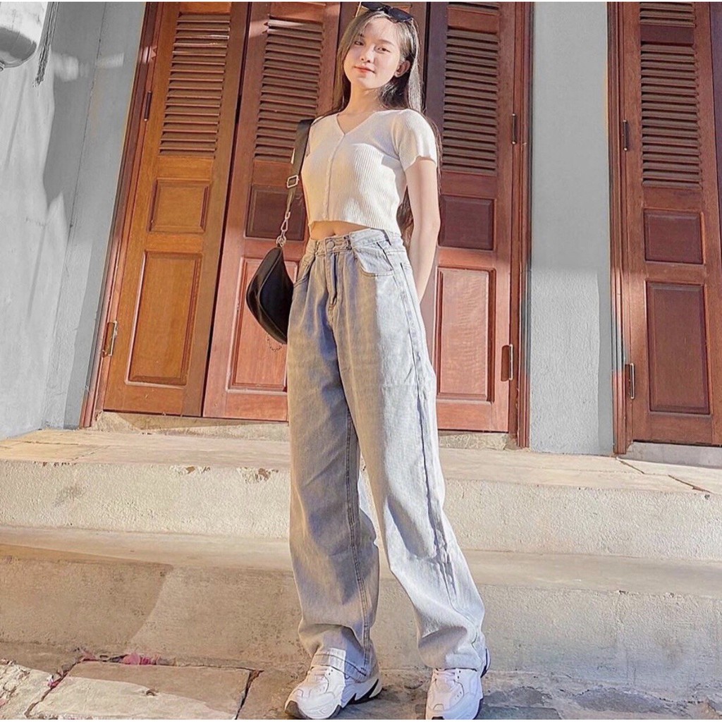 Quần Jean Ống Rộng GÀI EO XANH BẠC Ulzzang Unisex 1hitshop | BigBuy360 - bigbuy360.vn