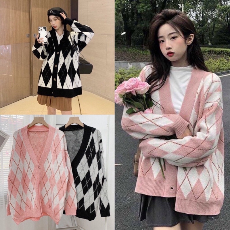Áo cardigan dài tay hoạ tiết trám phong cách Hàn Quốc