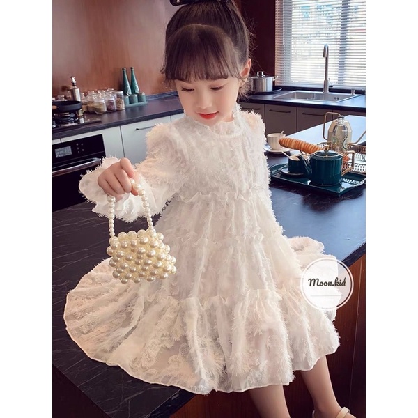 Váy bé gái bèo trắng, đầm công chúa ren lông 2 màu trắng, hồng