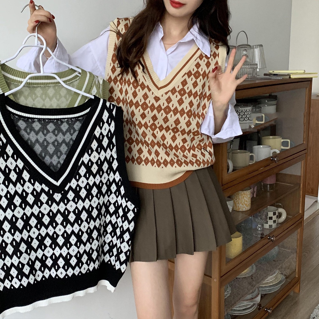 Áo Dệt Kim Không Tay Cổ Chữ V Thời Trang Mùa Thu Hàn Quốc Cho Nữ
