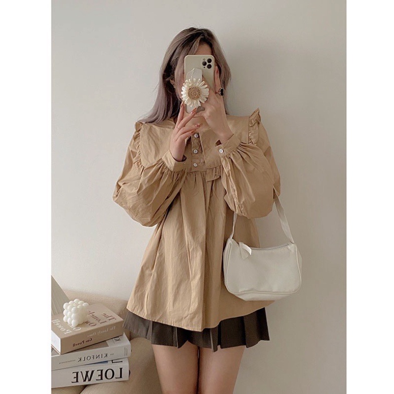 Áo sơmi nữ xuông form rộng phối cổ bèo bản to tươi trẻ A259 Nội Y Xanh hàng đẹp trendy - nội y xanh