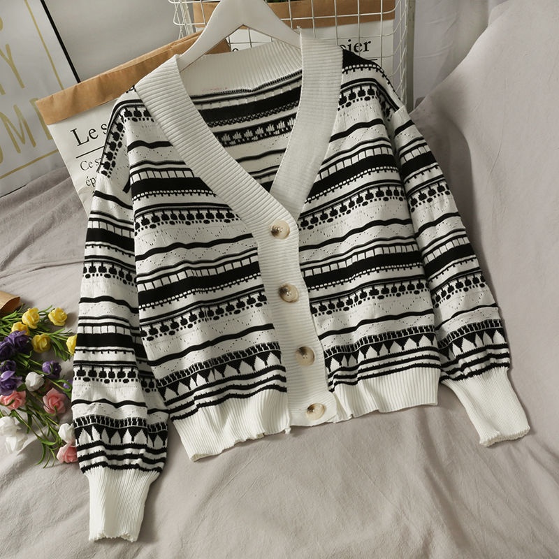 Áo Khoác Cardigan Dệt Kim Tay Dài Dáng Ngắn Họa Tiết Kẻ Sọc Thời Trang Mùa Thu Cho Nữ