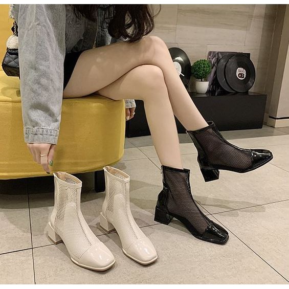 ( Order ) Giày bốt nữ mùa hè , boots da bóng lưới đi thoáng chân - khóa sau , gót vuông 5cm - mẫu mới 2021