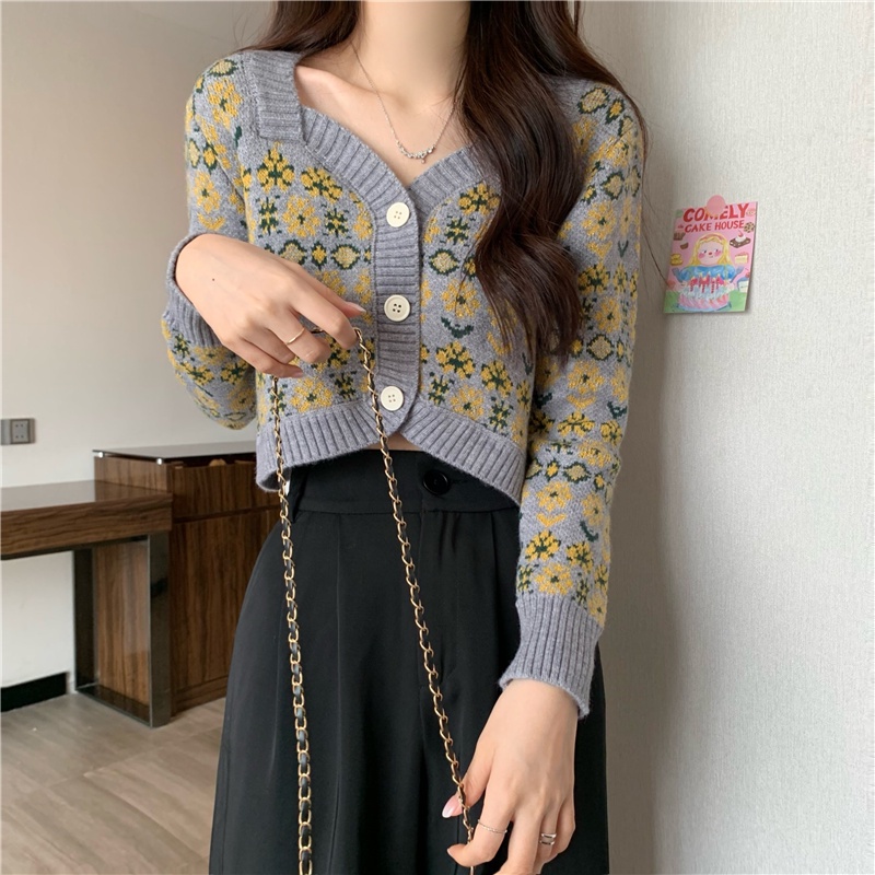 IELGY    Áo Khoác cardigan Dệt Kim Tay Dài In Họa Tiết Hoa Phong Cách Nhật Bản Cho Nữ