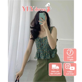 Set áo hai dây hoa nhí mix chân váy kaki xanh - Set bộ đồ nữ áo 2 dây và chân váy chữ A dáng ngắn freesize C776