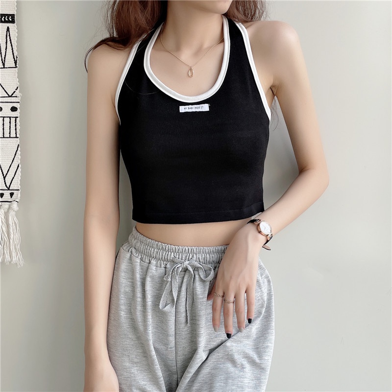 Áo Tank Top Dệt Kim Cổ Yếm Dáng Ngắn Thời Trang Mùa Hè Cho Nữ 2021