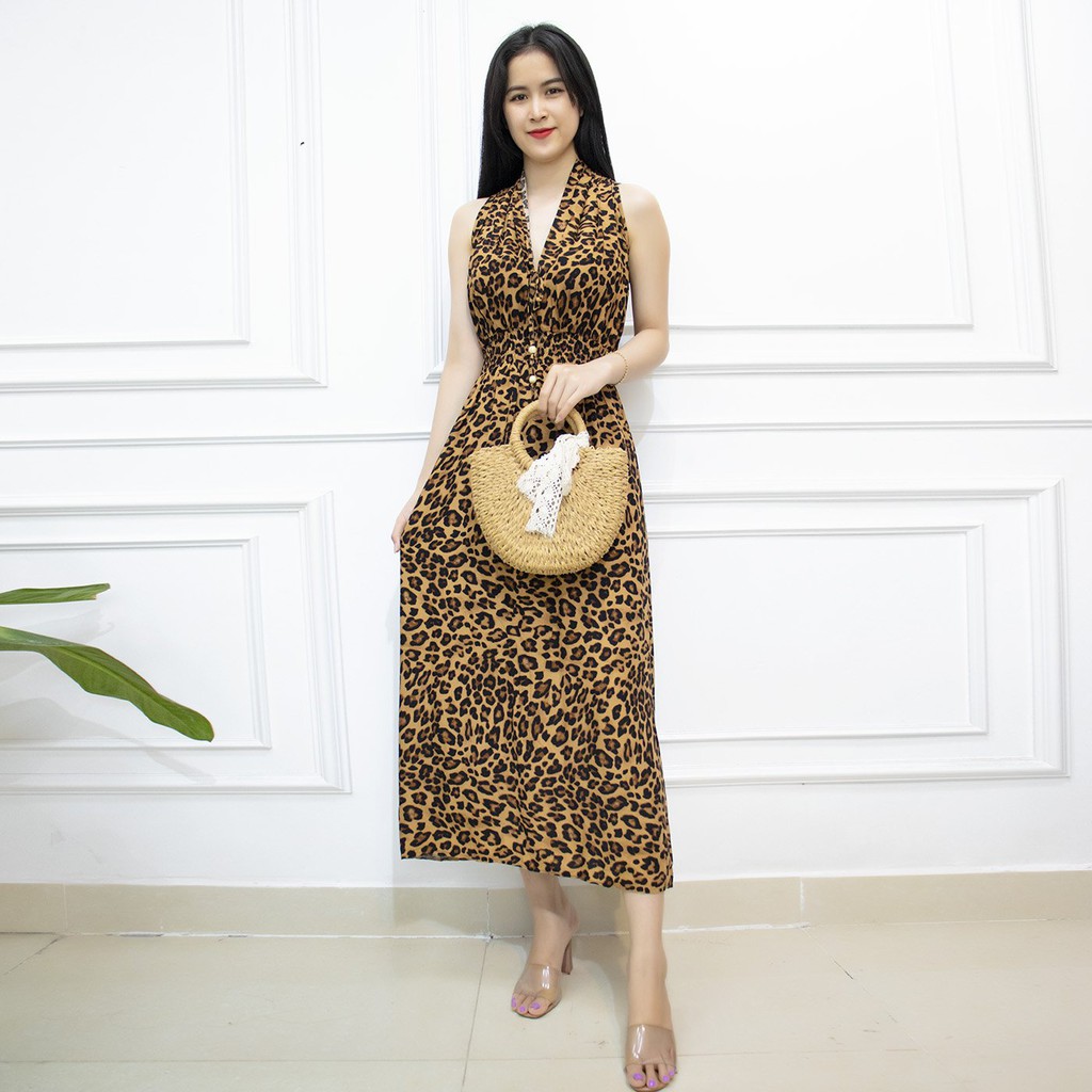 Đầm maxi đi biển dài hở lưng AMYRA - váy nữ maxi dáng dài họa tiết da beo và bi mx015 | BigBuy360 - bigbuy360.vn