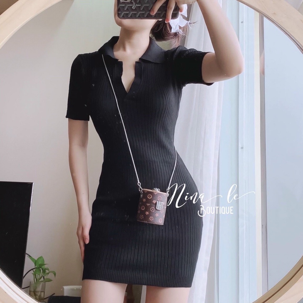 Váy len tăm cổ bẻ dáng ôm ngắn tay, Đầm len sexxy co giãn tay cộc VS9012 - NhiNhi Shop