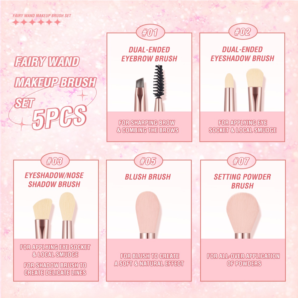 Bộ 5 cây cọ trang điểm PINKFLASH Fairy Wand dùng để đánh phấn mắt/ phấn má hồng/ trang điểm lông mày/ đánh phấn mũi