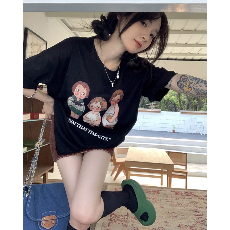 Áo Thun T-Shirt Tay Ngắn Cổ Tròn In Họa Tiết Thời Trang Phong Cách Hàn Quốc Cho Nữ