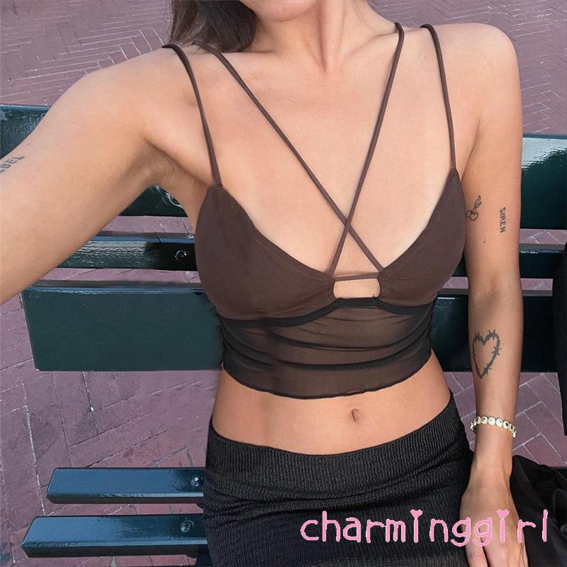 Áo lửng hai dây màu trơn phối dây đan chéo thời trang cho nữ