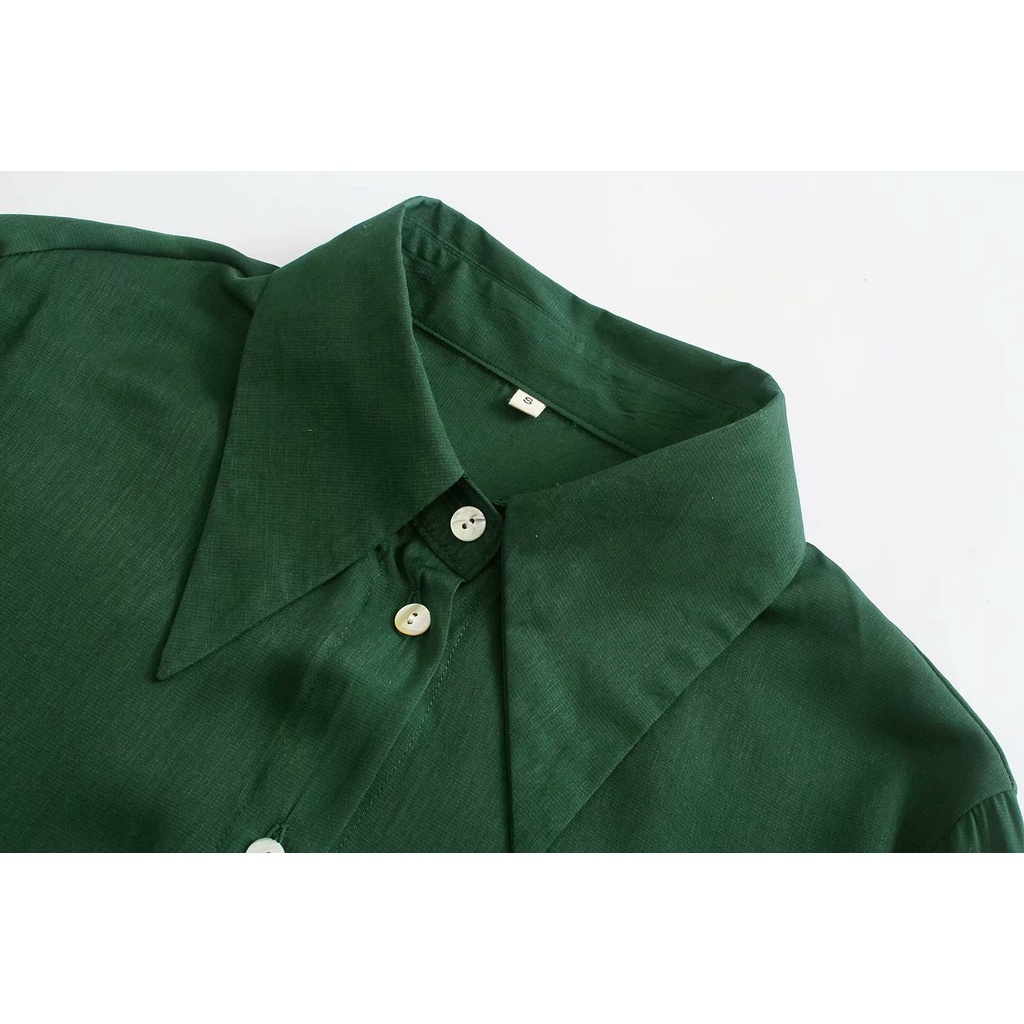 Áo Zara chemise xanh lá đậm mặc gầy AT1SMG42N8