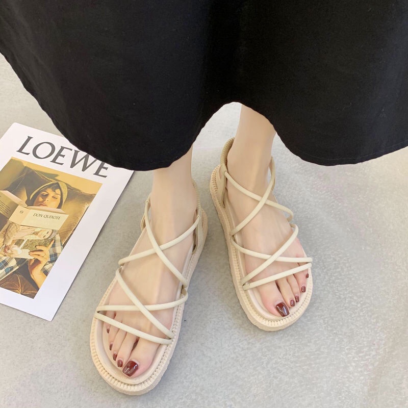 Giày Sandal Đế Bằng Thiết Kế Dây Đan Chéo Phong Cách Harajuku Hàn Quốc Thời Trang Mùa Hè Mới Cho Nữ