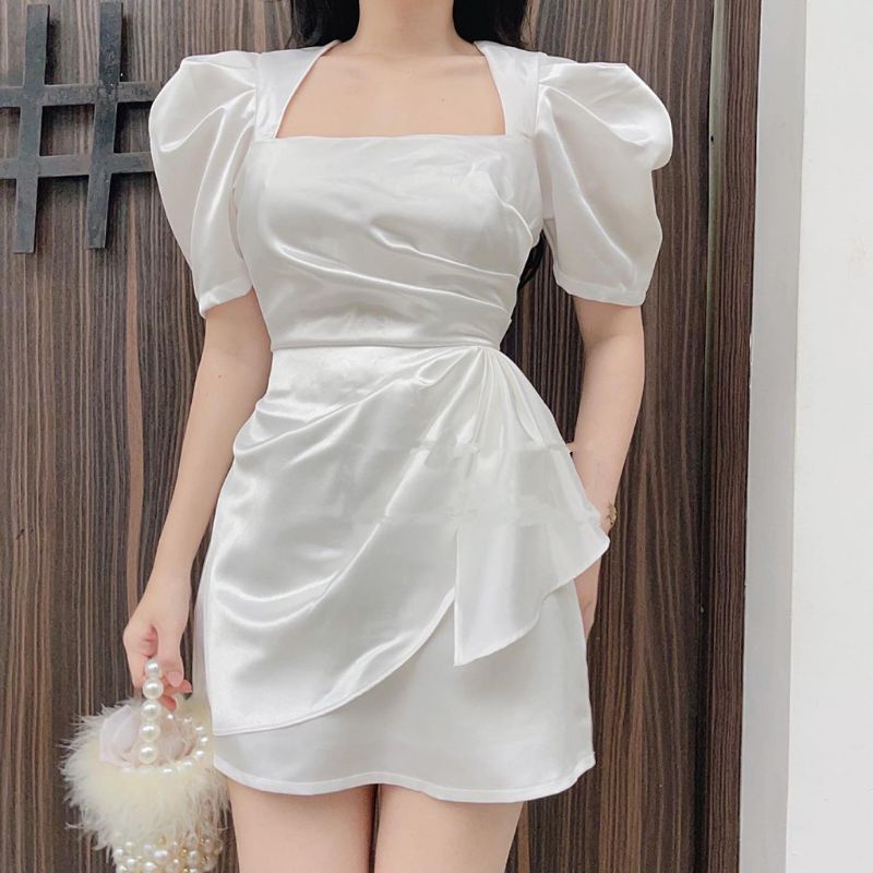 Đầm dạo phố, dự tiệc cổ vuông tay bồng xếp ly nơ eo siêu sang chảnh Celon Dress