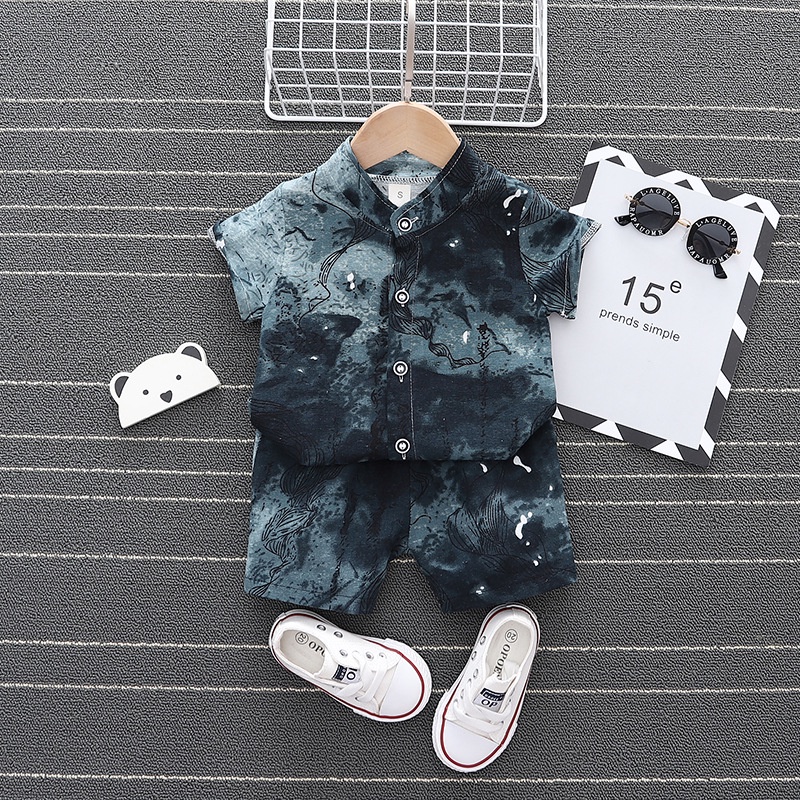 Bộ Áo Sơ Mi Ngắn Tay In Họa Tiết graffiti + Quần short 2 Món Thời Trang Cho Bé Trai 0-4 Tuổi
