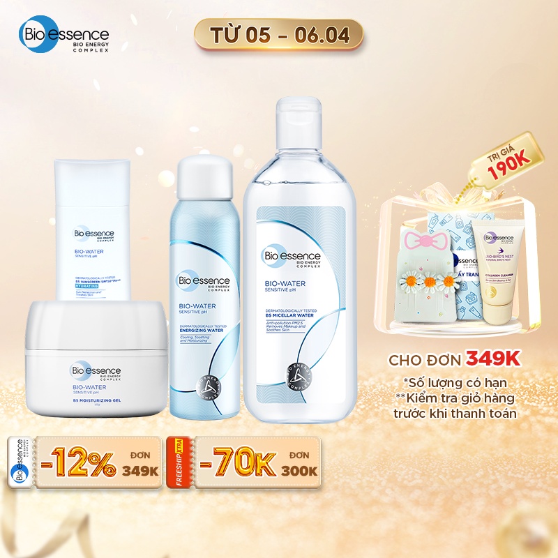 Combo dưỡng da Bio-Essence (Tẩy trang 400ml + Xịt khoáng 100ml + Kem Moist-in Gel 50g + Kem Chống nắng 40ml)