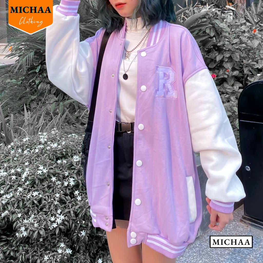 Áo Bomber nỉ CHỮ R Ulzzang form rộng Unisex áo khoác nỉ bông Michaa