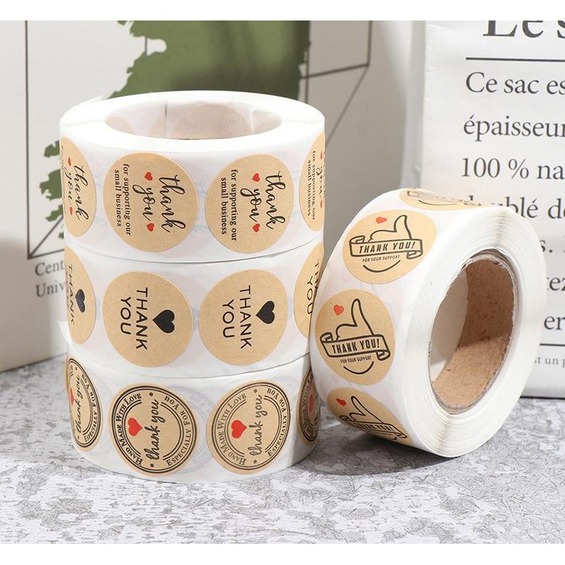 Cuộn 500 Tem Dán Chữ Thank You Nhiều Mẫu (Đường kính tem 2,5cm)