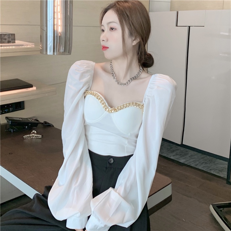 Áo kiểu tay dài cổ vuông phối dây xích thời trang mùa thu dễ phối đồ