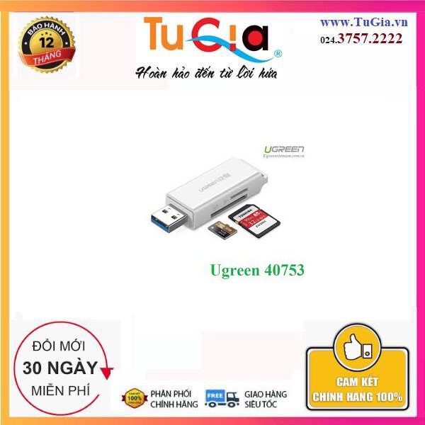 Đầu đọc thẻ nhớ SD/TF chuẩn USB 3.0 màu trắng Ugreen 40753 - Hàng chính hãng