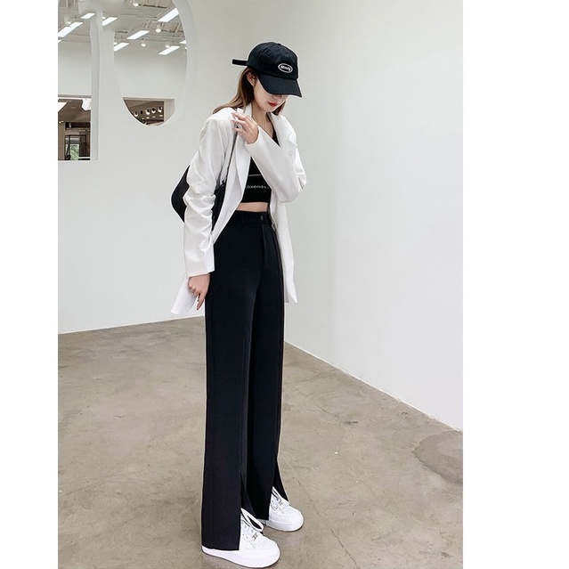 Quần dài ZHELIHANGFEI cạp cao ống rộng xẻ tà trẻ trung thời trang